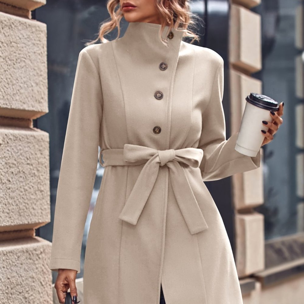 Brand New Solid Single Breasted Belted Overcoat Apricot